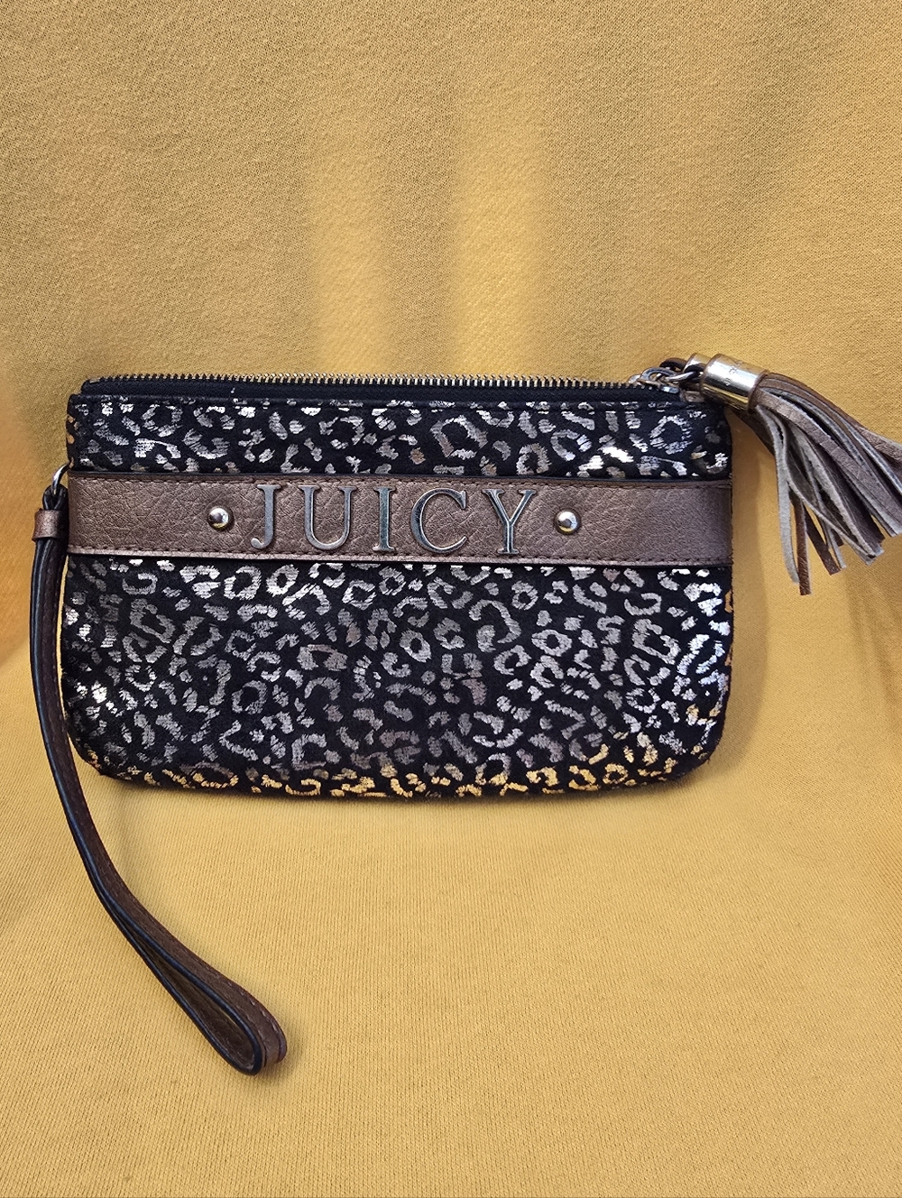 Juicy Couture Black Metallic Leopard Wristlet with Brown Trim